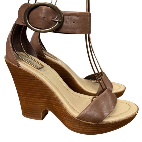 Dune Brown Leather Womens Platform Wedge Ankle Strap Sandals Shoes sz 38 / 8 - Picture 1 of 15